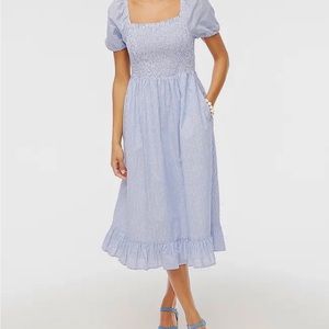 Striped puff-sleeve midi dress petite